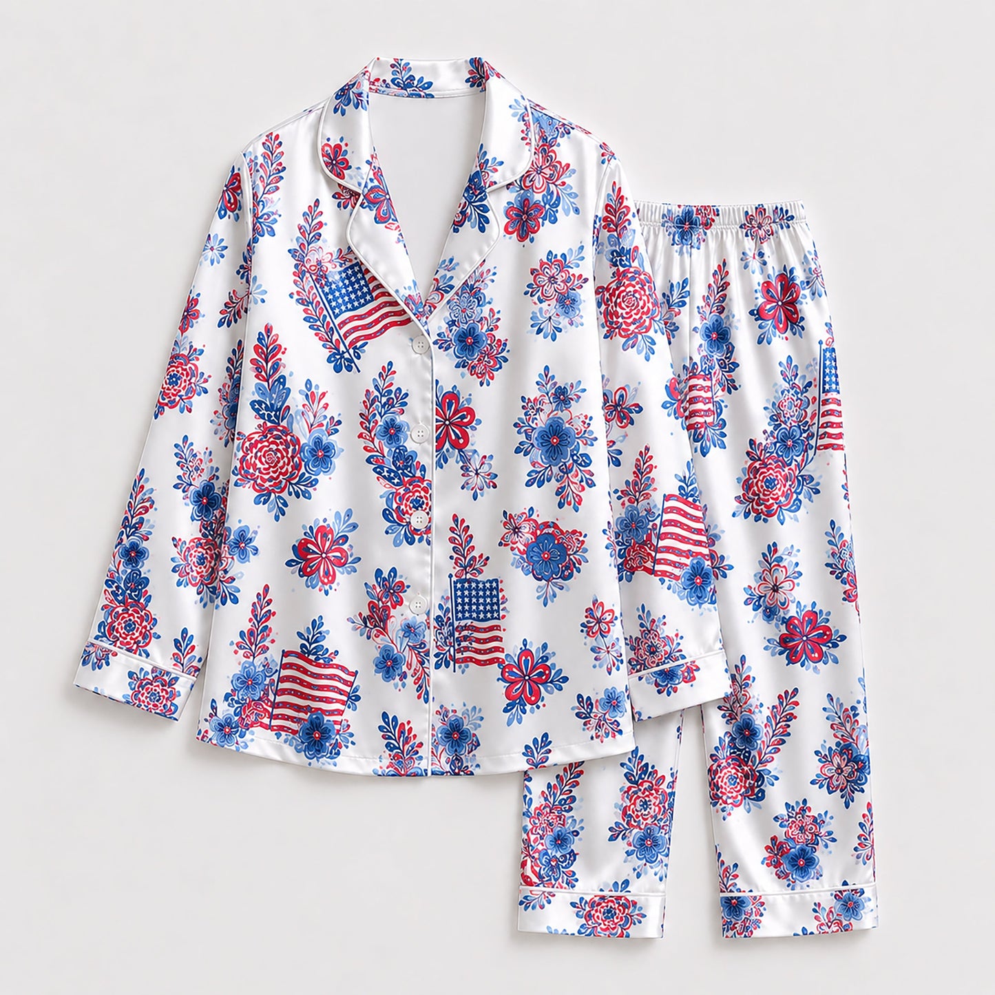 PJ-220-Unisex Satin Pajama Set with Patriotic Floral Flag Print Button Down Sleepwear Shirt and Pants