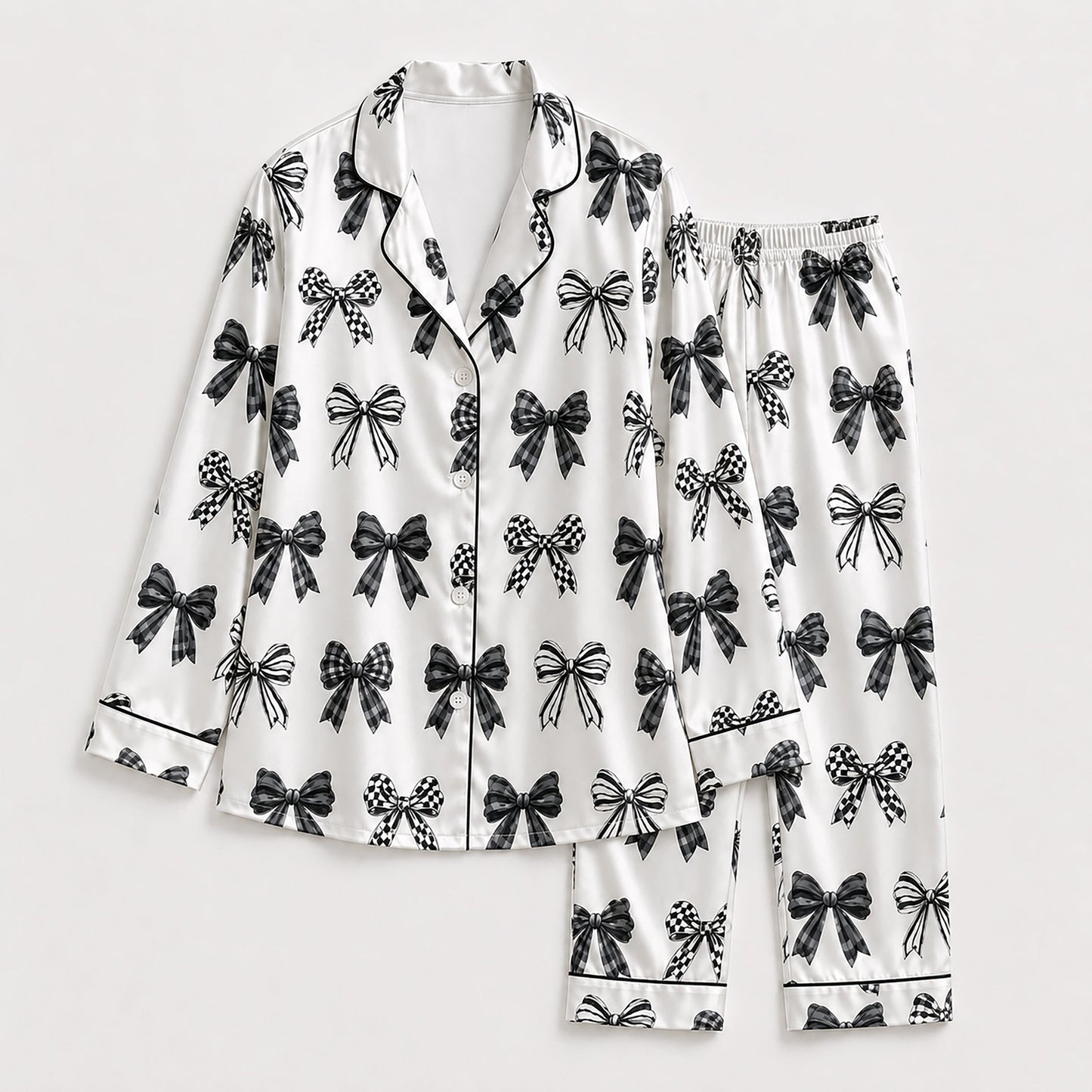 PJ-221-Coquette Style Monochromatic Ribbon Print Button-Down Silky Sleepwear Set