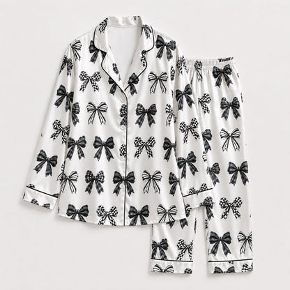 PJ-221-Coquette Style Monochromatic Ribbon Print Button-Down Silky Sleepwear Set
