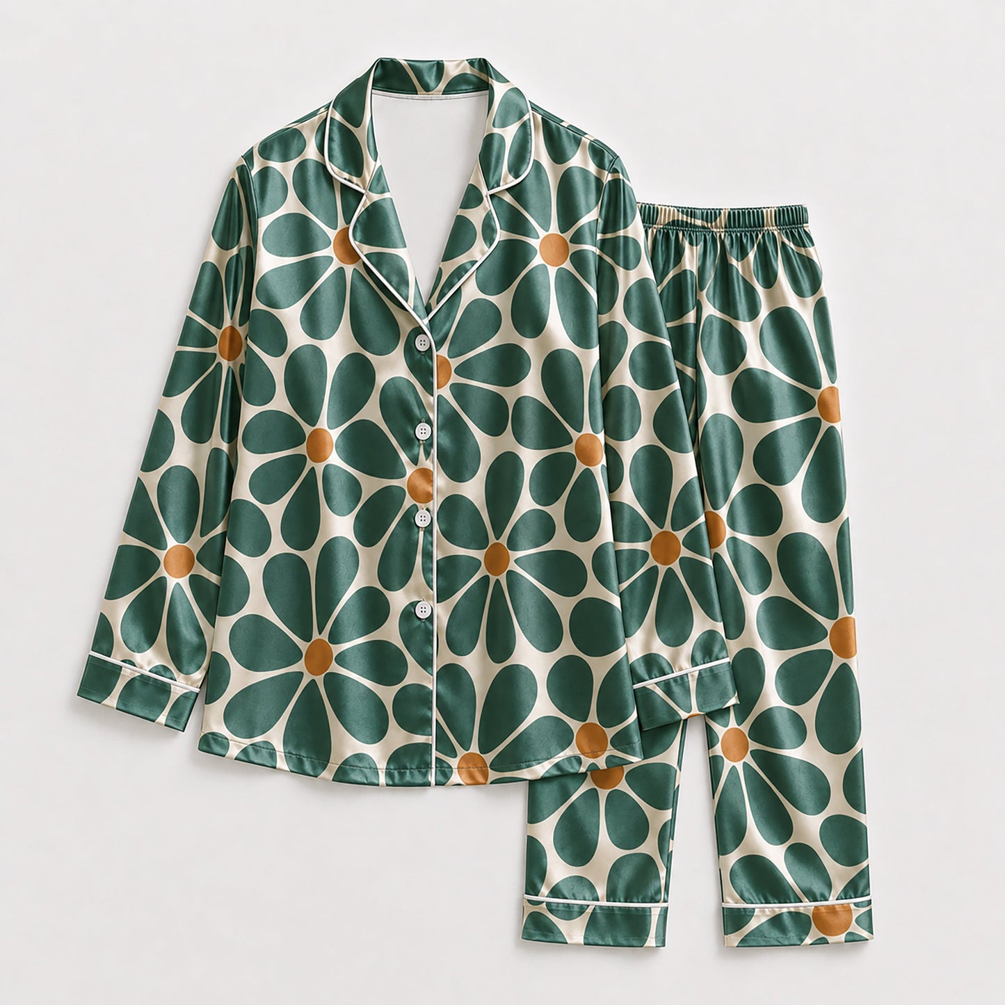 PJ-222-Emerald Daisy Satin Pajama Set With Button Up Top And Soft Matching Sleepwear Bottoms