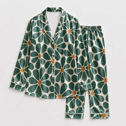 PJ-222-Emerald Daisy Satin Pajama Set With Button Up Top And Soft Matching Sleepwear Bottoms