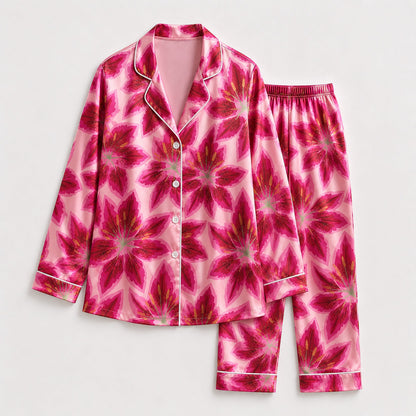 PJ-223-Lily Pure Mulberry Silk Pajama Set, Pink Floral Blossom Print Botanical Loungewear Sleepwear Collection