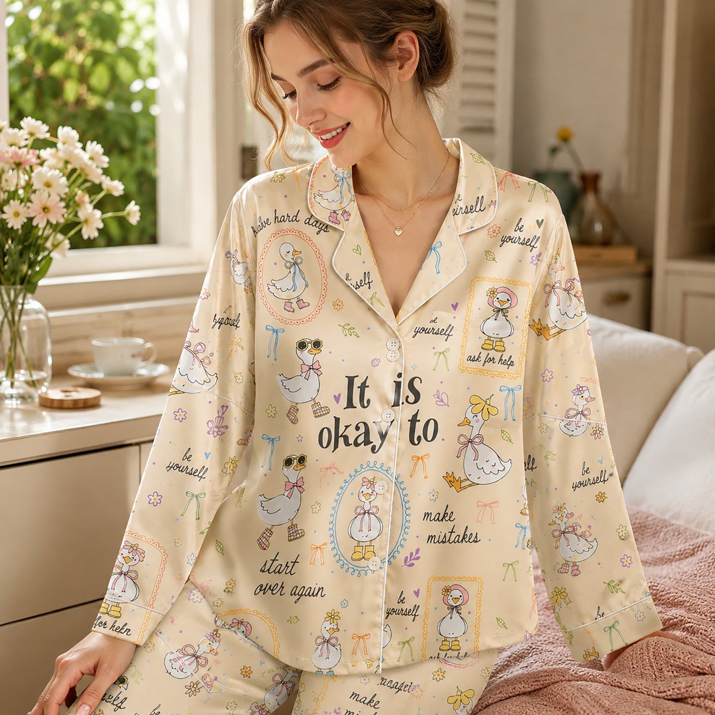 PJ-224-Motivational Goose Satin Pajama Set With Button Up Shirt And Elastic Waist Matching Bottoms