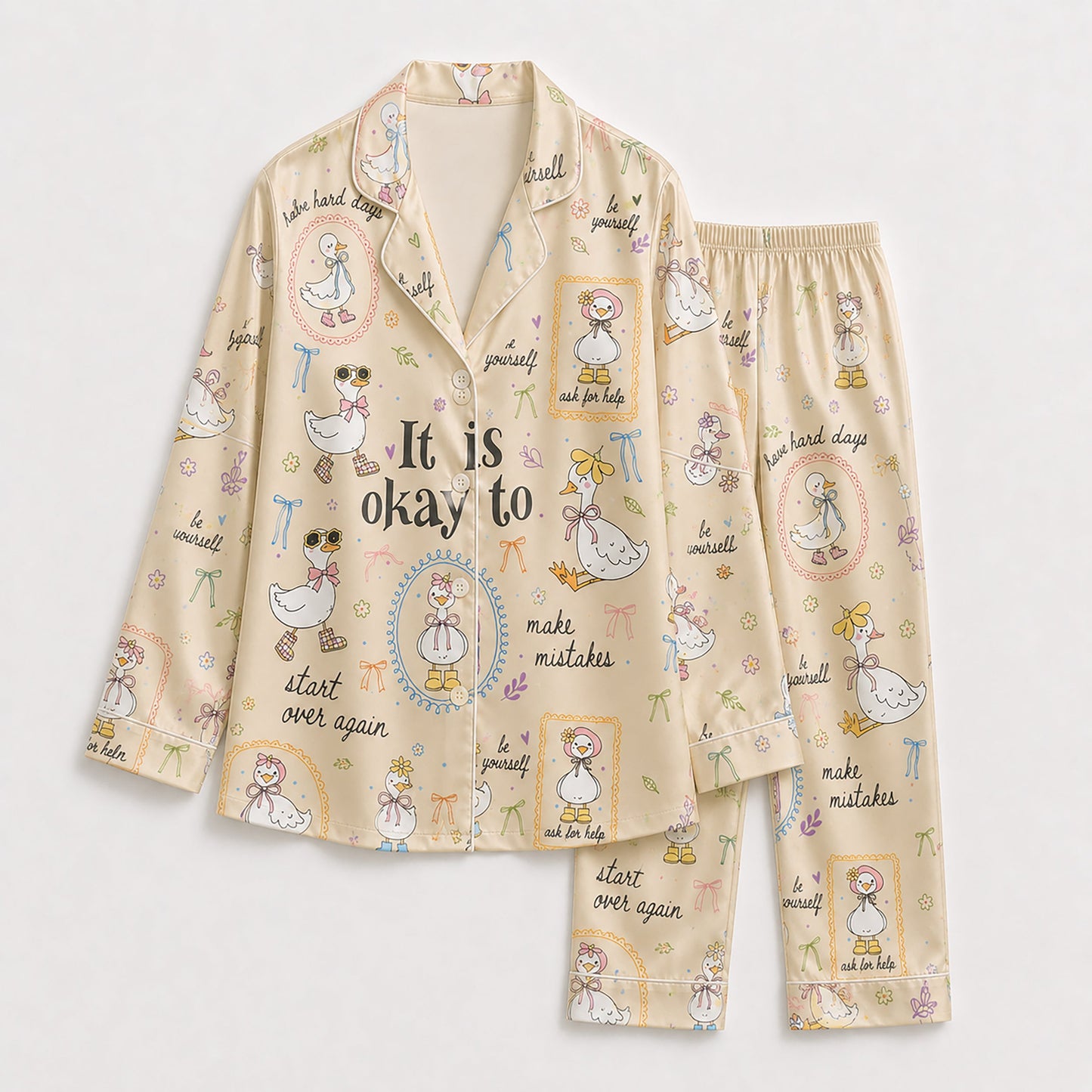 PJ-224-Motivational Goose Satin Pajama Set With Button Up Shirt And Elastic Waist Matching Bottoms