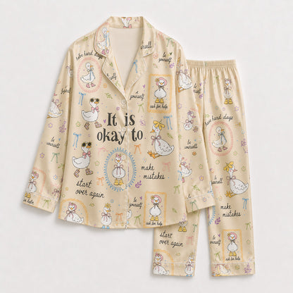 PJ-224-Motivational Goose Satin Pajama Set With Button Up Shirt And Elastic Waist Matching Bottoms