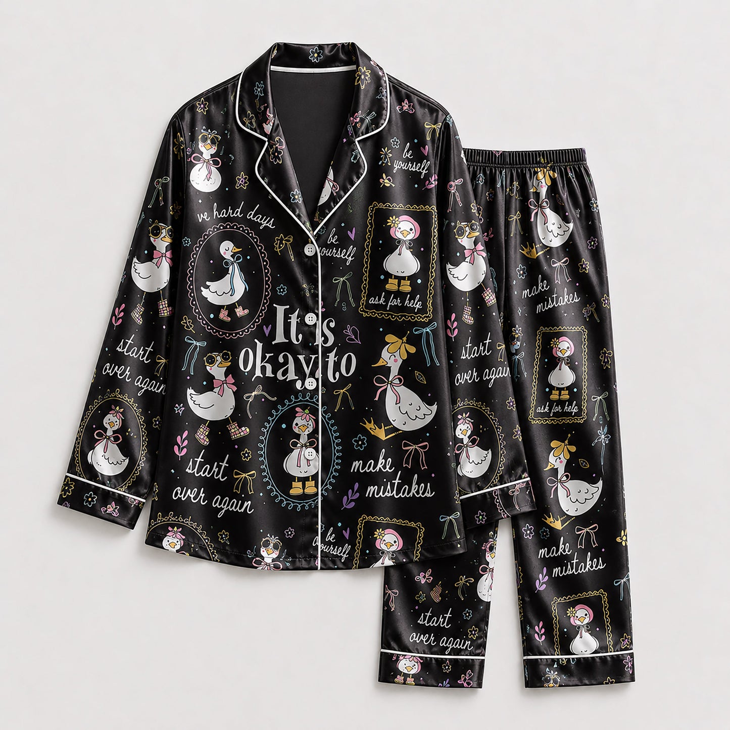 PJ-224-Motivational Goose Satin Pajama Set With Button Up Shirt And Elastic Waist Matching Bottoms