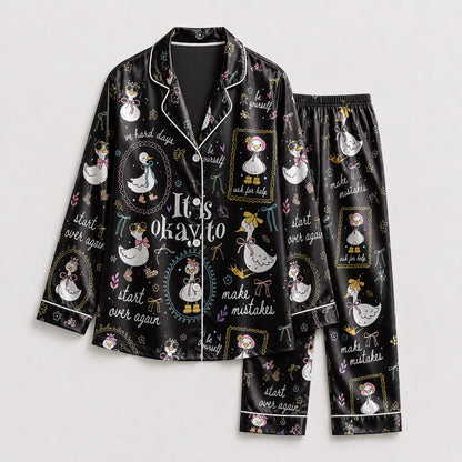 PJ-224-Motivational Goose Satin Pajama Set With Button Up Shirt And Elastic Waist Matching Bottoms