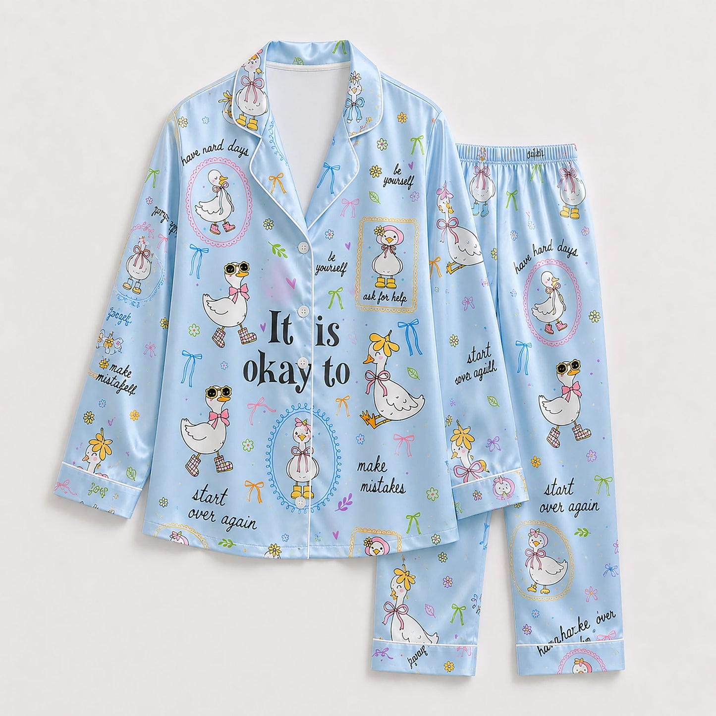 PJ-224-Motivational Goose Satin Pajama Set With Button Up Shirt And Elastic Waist Matching Bottoms
