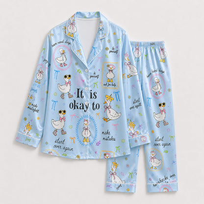 PJ-224-Motivational Goose Satin Pajama Set With Button Up Shirt And Elastic Waist Matching Bottoms