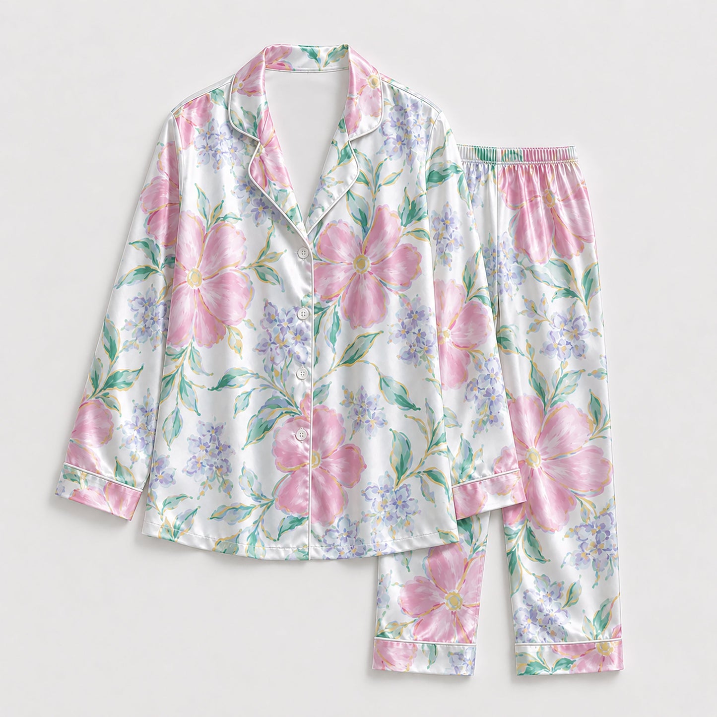 PJ-225-Rose Blossom Satin Pajama Set, Graphic Lilac Bouquet Patterned White Unisex Loungewear Nightwear Apparel