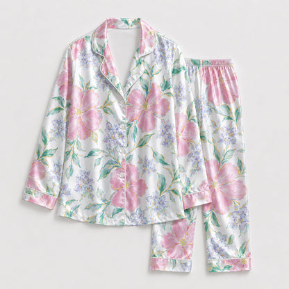 PJ-225-Rose Blossom Satin Pajama Set, Graphic Lilac Bouquet Patterned White Unisex Loungewear Nightwear Apparel