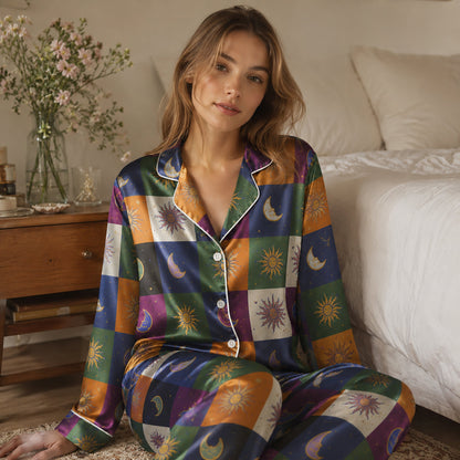 PJ-226-Unisex Satin Pajama Set with Celestial Sun Moon Patchwork Print Button Down Sleepwear Shirt and Pants