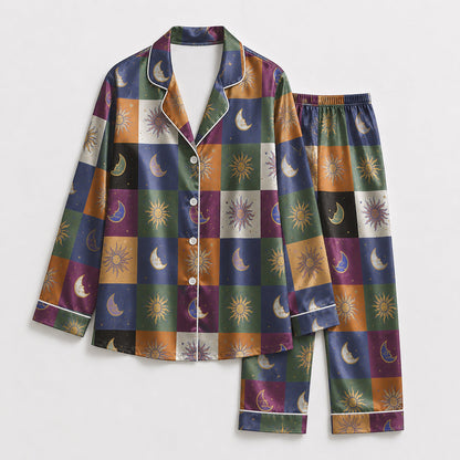 PJ-226-Unisex Satin Pajama Set with Celestial Sun Moon Patchwork Print Button Down Sleepwear Shirt and Pants