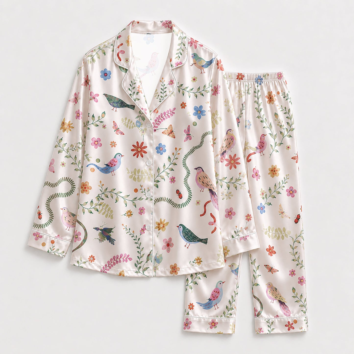 PJ-228-Floral Garden Satin Pajama Set With Colorful Bird Print And Comfortable Matching Bottoms