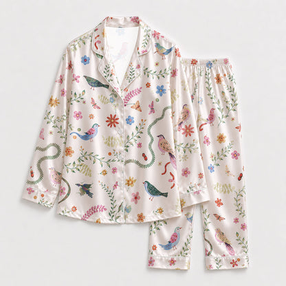PJ-228-Floral Garden Satin Pajama Set With Colorful Bird Print And Comfortable Matching Bottoms