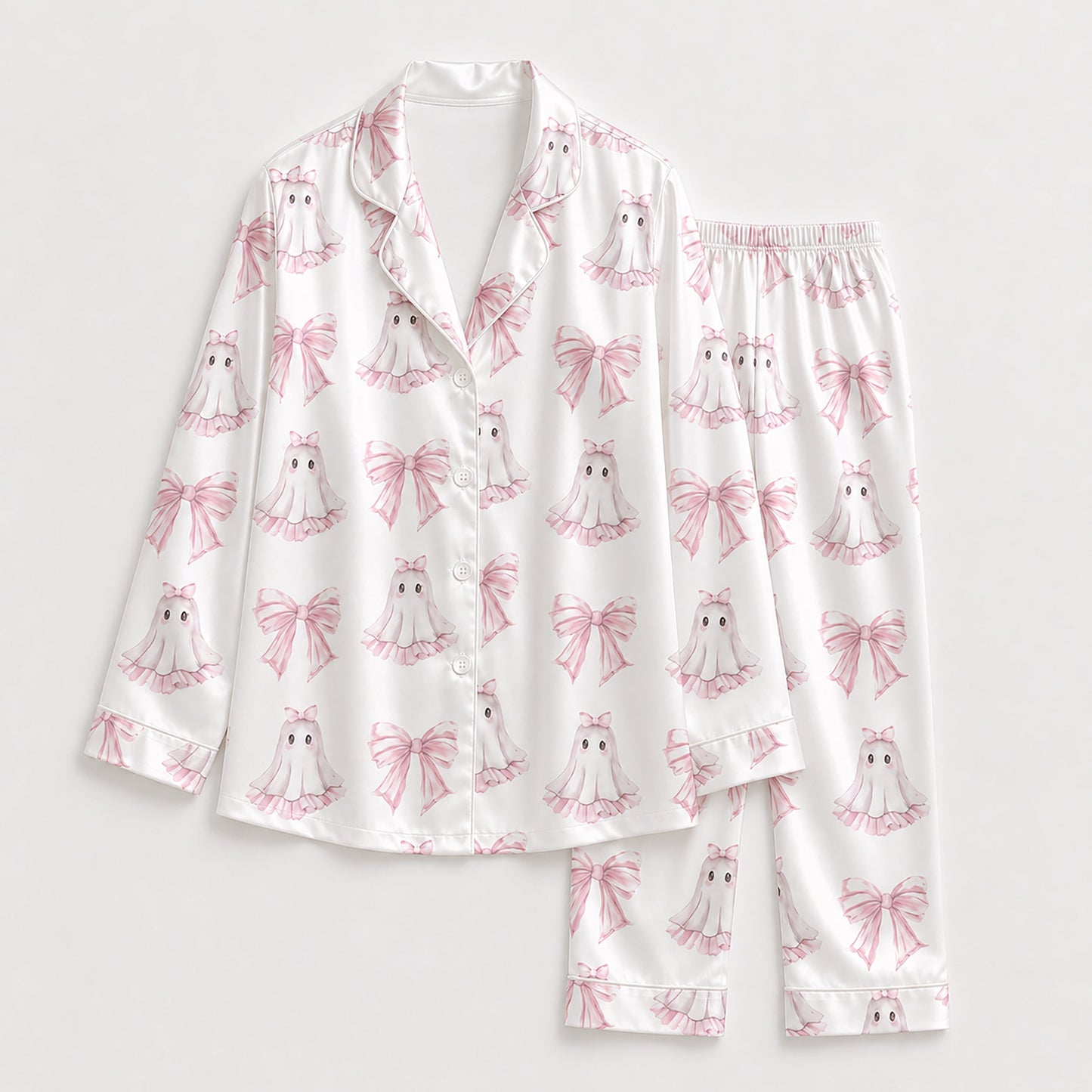 PJ-230-Pink Ghost Coquette Bow Satin Pajama Set, White Graphic Halloween Loungewear Sleepwear Collection Nightwear