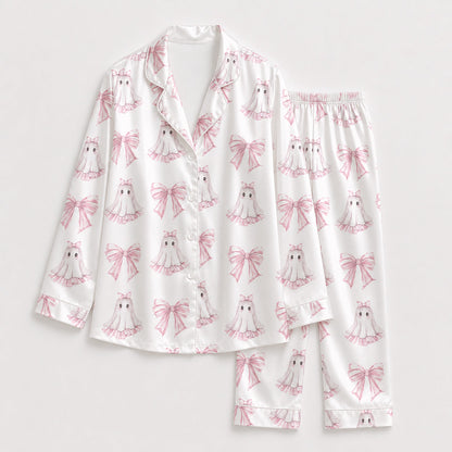 PJ-230-Pink Ghost Coquette Bow Satin Pajama Set, White Graphic Halloween Loungewear Sleepwear Collection Nightwear