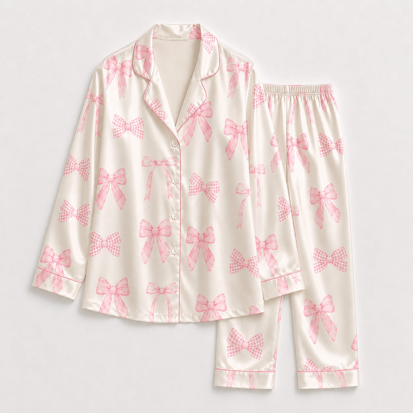 PJ-231- Satin Pajamas with Pink Bow Gingham Ribbon Print, Button Down Shirt, Elastic Waist Pants