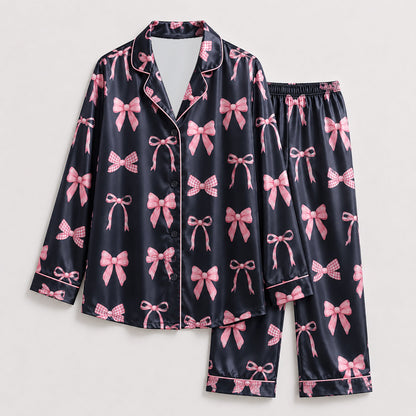 PJ-231- Satin Pajamas with Pink Bow Gingham Ribbon Print, Button Down Shirt, Elastic Waist Pants
