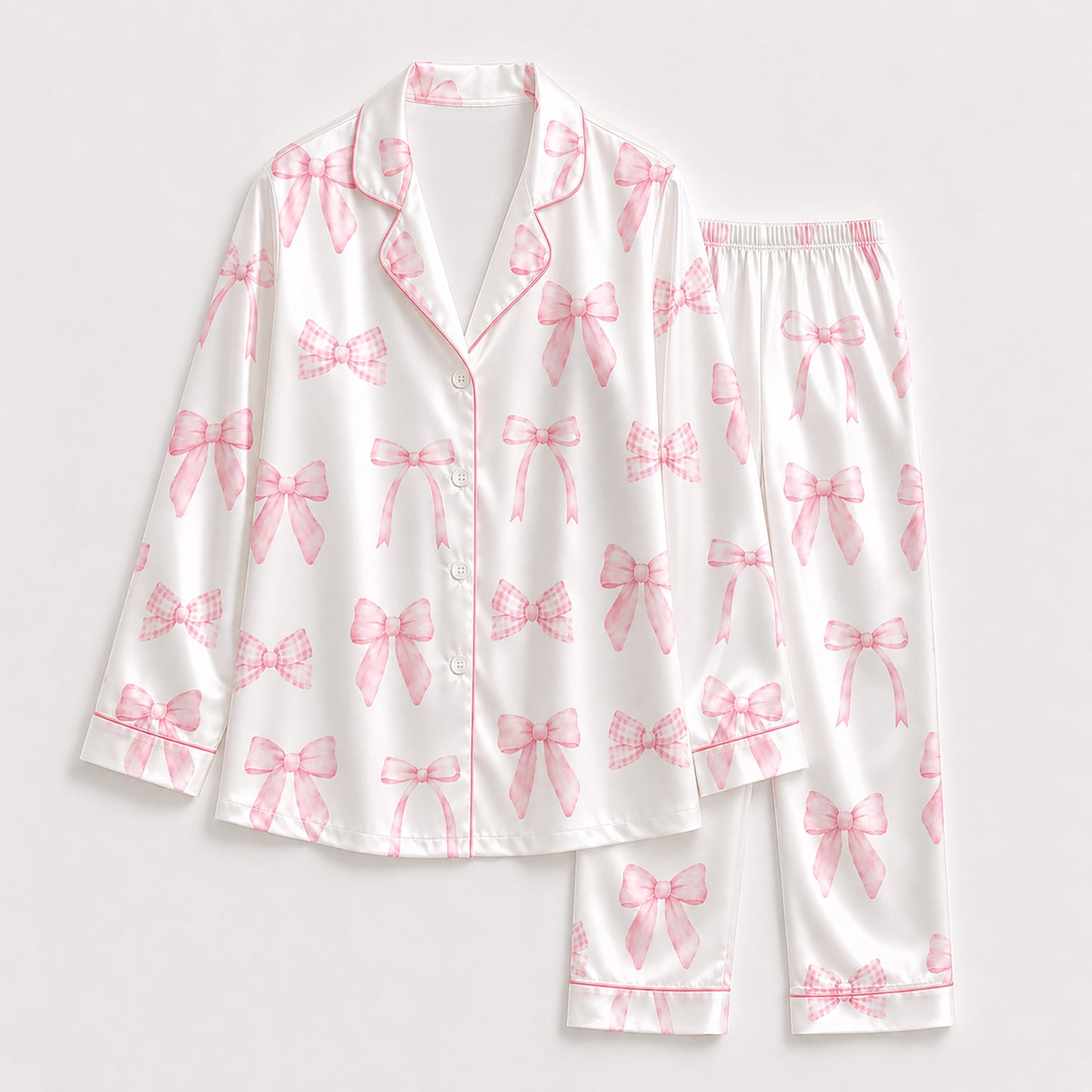PJ-231- Satin Pajamas with Pink Bow Gingham Ribbon Print, Button Down Shirt, Elastic Waist Pants