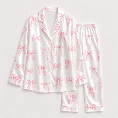 PJ-231- Satin Pajamas with Pink Bow Gingham Ribbon Print, Button Down Shirt, Elastic Waist Pants