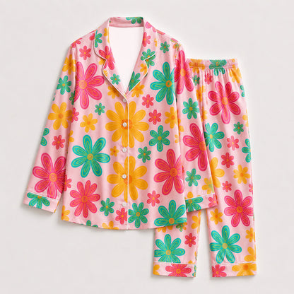 PJ-235- Women Pink Retro Floral Print Silk Satin Pajamas Groovy Flower Loungewear Sleepwear Nightwear Daisy Matching Clothing Set