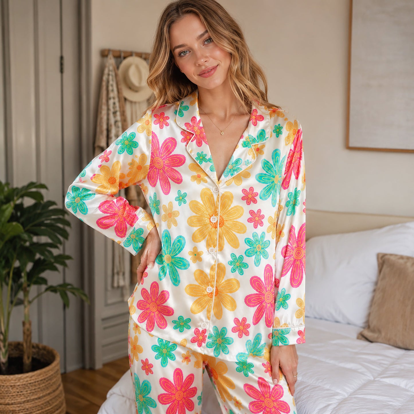 PJ-235- Women Pink Retro Floral Print Silk Satin Pajamas Groovy Flower Loungewear Sleepwear Nightwear Daisy Matching Clothing Set