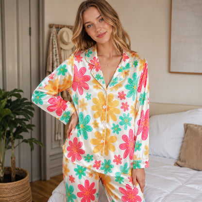 PJ-235- Women Pink Retro Floral Print Silk Satin Pajamas Groovy Flower Loungewear Sleepwear Nightwear Daisy Matching Clothing Set