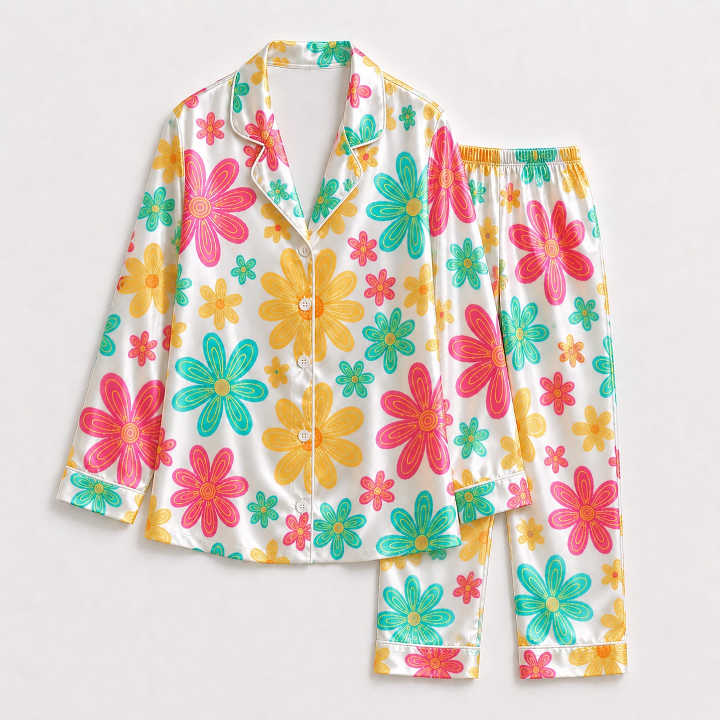 PJ-235- Women Pink Retro Floral Print Silk Satin Pajamas Groovy Flower Loungewear Sleepwear Nightwear Daisy Matching Clothing Set