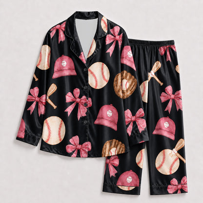 PJ-237- Sporty Baseball Satin Pajama Set With Button Up Top And Comfortable Matching Bottoms