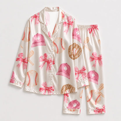 PJ-237- Sporty Baseball Satin Pajama Set With Button Up Top And Comfortable Matching Bottoms