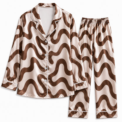 PJ-238-Groovy Wavy Line Print Satin Pajama Lounge Set