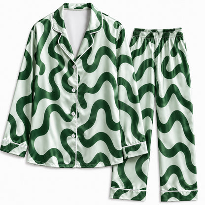 PJ-238-Groovy Wavy Line Print Satin Pajama Lounge Set