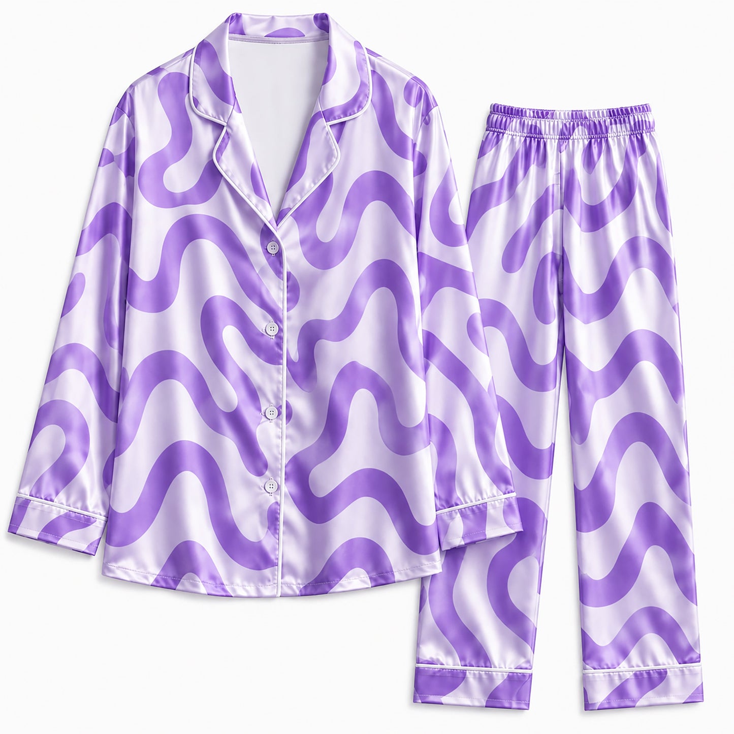 PJ-238-Groovy Wavy Line Print Satin Pajama Lounge Set