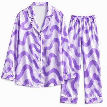 PJ-238-Groovy Wavy Line Print Satin Pajama Lounge Set