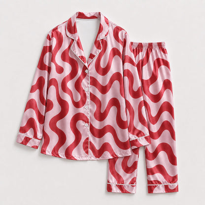 PJ-238-Groovy Wavy Line Print Satin Pajama Lounge Set