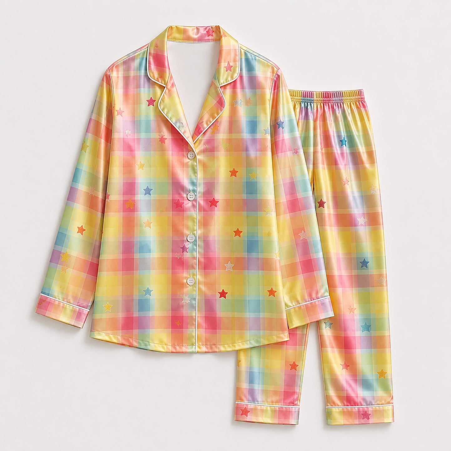 PJ-239-Rainbow Checkered Satin Sleepwear Star Pattern with Piping Details