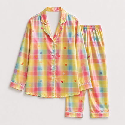 PJ-239-Rainbow Checkered Satin Sleepwear Star Pattern with Piping Details