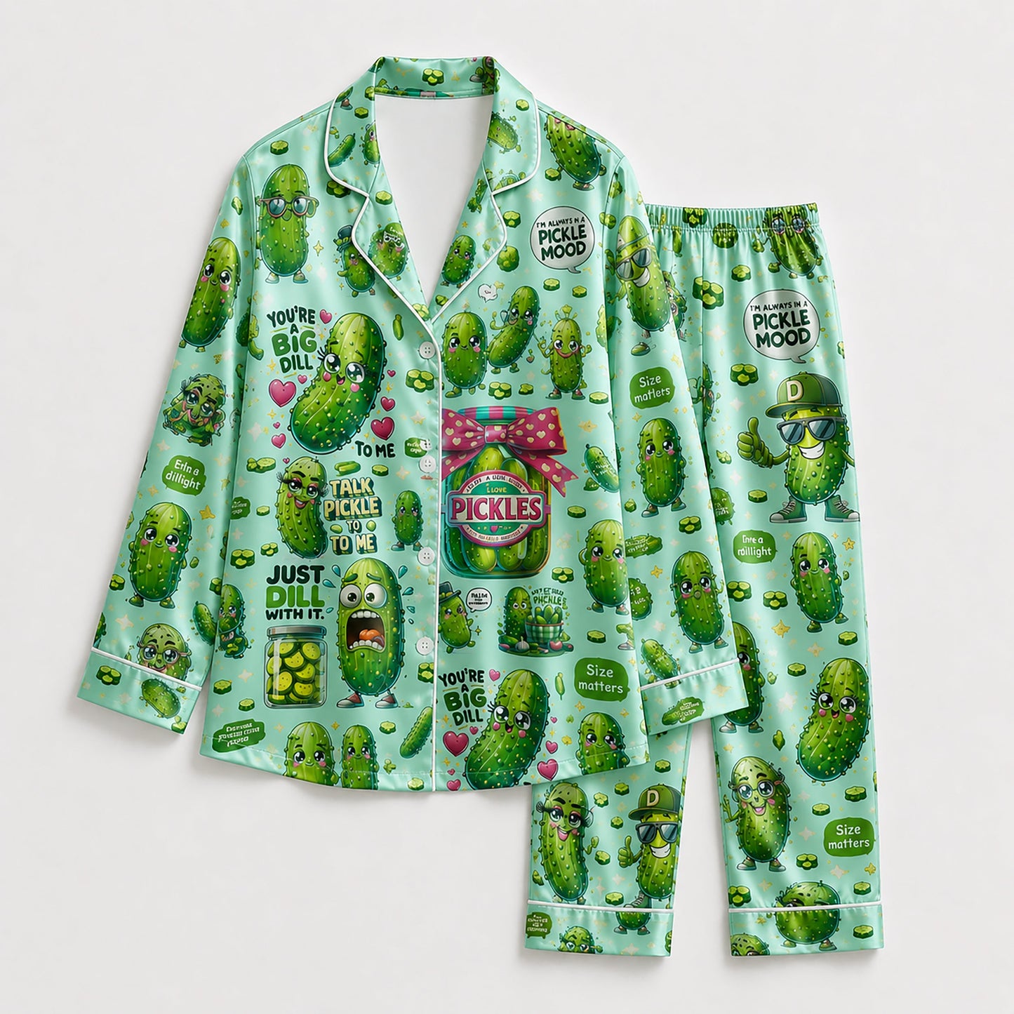 PJ-243-Funny Pickle Satin Pajama Set With Button Up Shirt And Elastic Waist Matching Bottoms