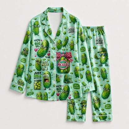 PJ-243-Funny Pickle Satin Pajama Set With Button Up Shirt And Elastic Waist Matching Bottoms