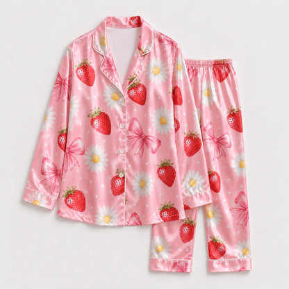 PJ-244-Pink Strawberry Daisy Satin Pajama Set With Bow Print Button Up Shirt And Matching Bottom