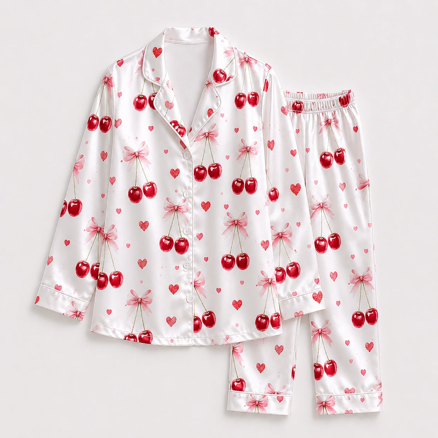 PJ-245-Sweet Cherry Heart Satin Pajama Set With Button Up Shirt And Matching Sleepwear Bottoms