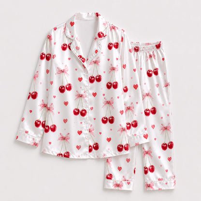 PJ-245-Sweet Cherry Heart Satin Pajama Set With Button Up Shirt And Matching Sleepwear Bottoms