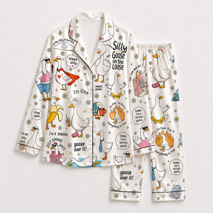 PJ-246-Funny Goose Satin Pajama Set With Button Up Shirt And Elastic Waist Matching Bottoms
