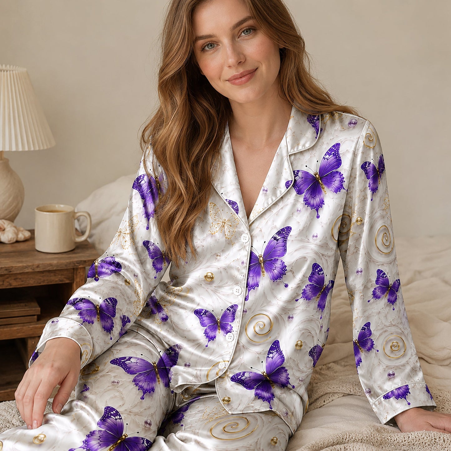 PJ-247-Purple Butterfly Satin Pajama Set, Marble Swirl Graphic Print Loungewear Nightwear Collection