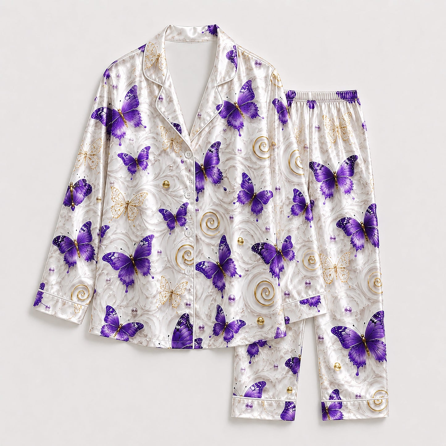 PJ-247-Purple Butterfly Satin Pajama Set, Marble Swirl Graphic Print Loungewear Nightwear Collection