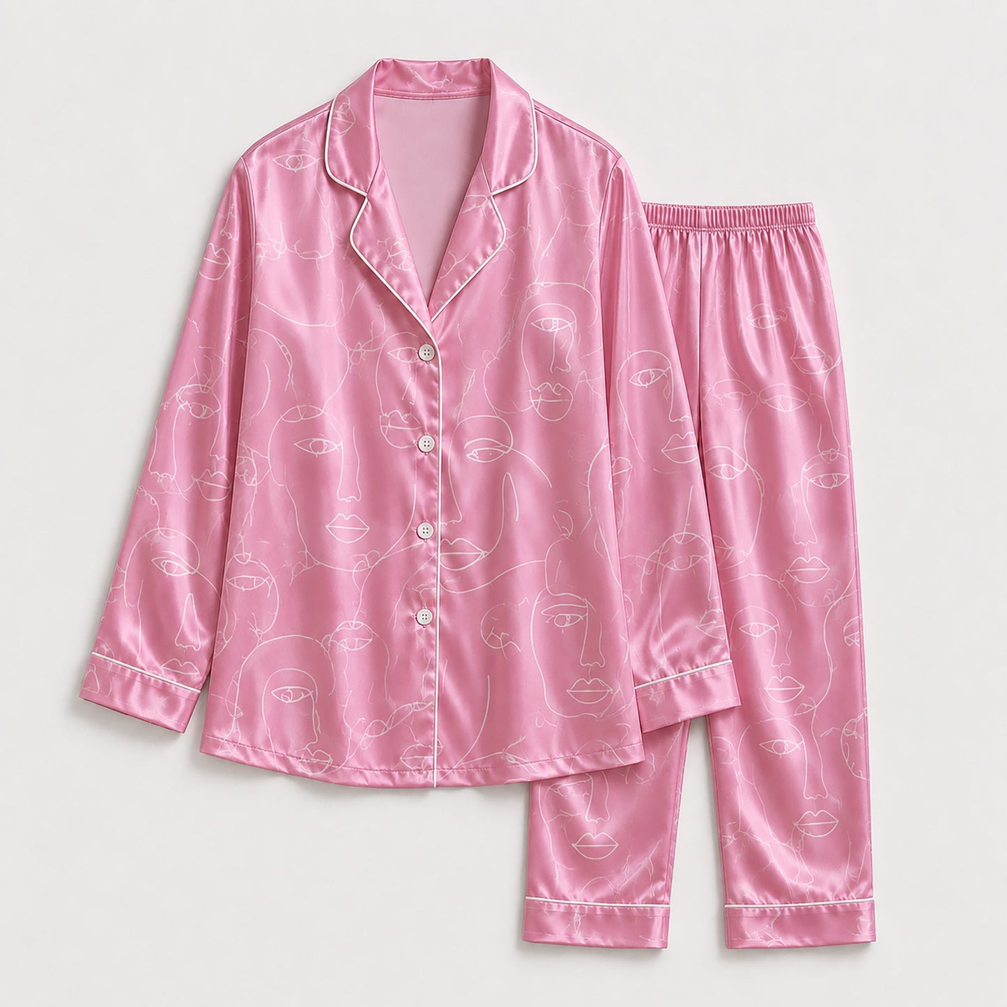 PJ-248-Pink Abstract Face Line Art Satin Pajama Set, Minimalist Loungewear Sleepwear Short Sleeve Outfit