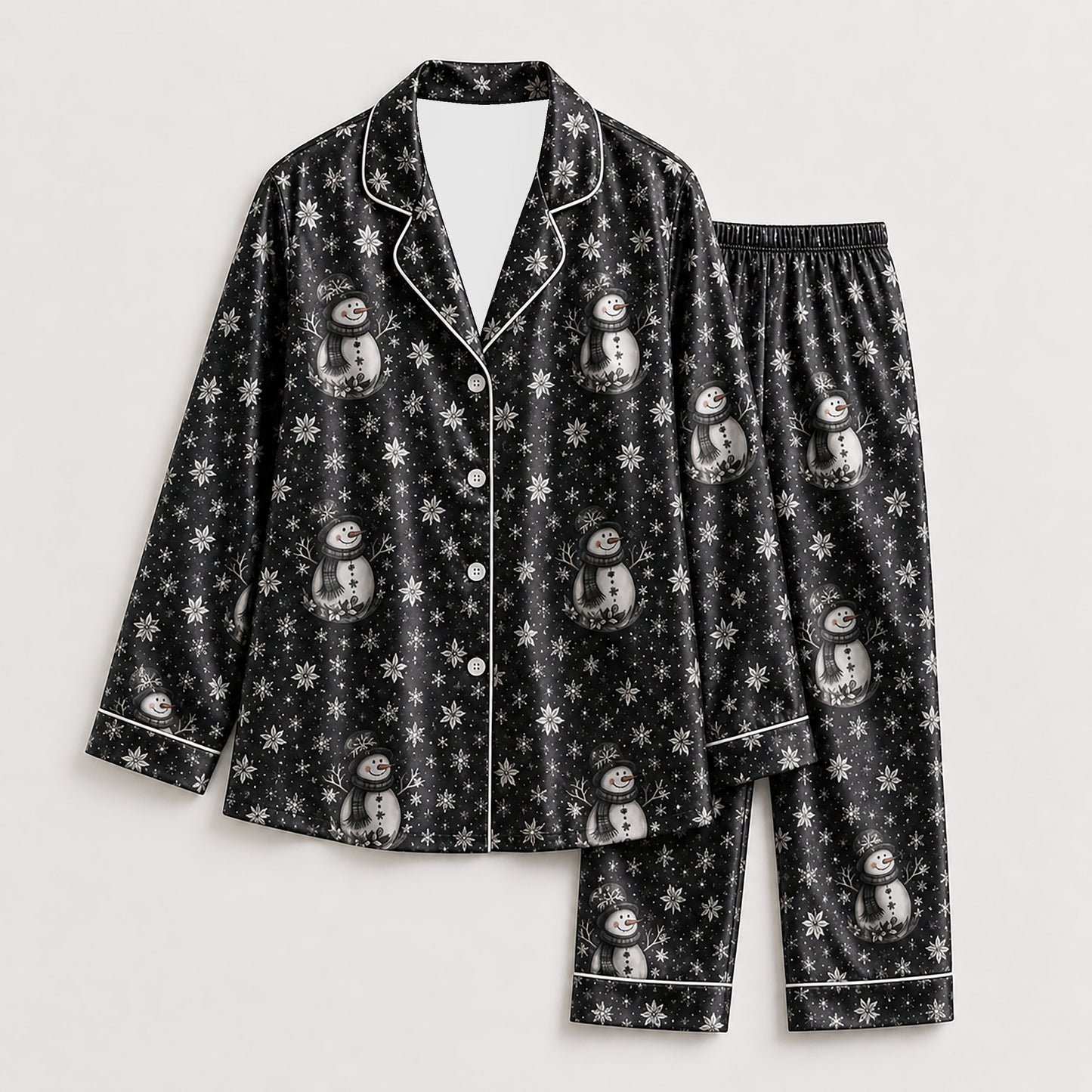PJ-249-Black Snowman Snowflake Satin Pajama Set, Winter Holiday Graphic Loungewear Sleepwear Collection Outfit
