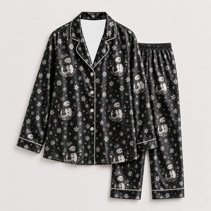 PJ-249-Black Snowman Snowflake Satin Pajama Set, Winter Holiday Graphic Loungewear Sleepwear Collection Outfit
