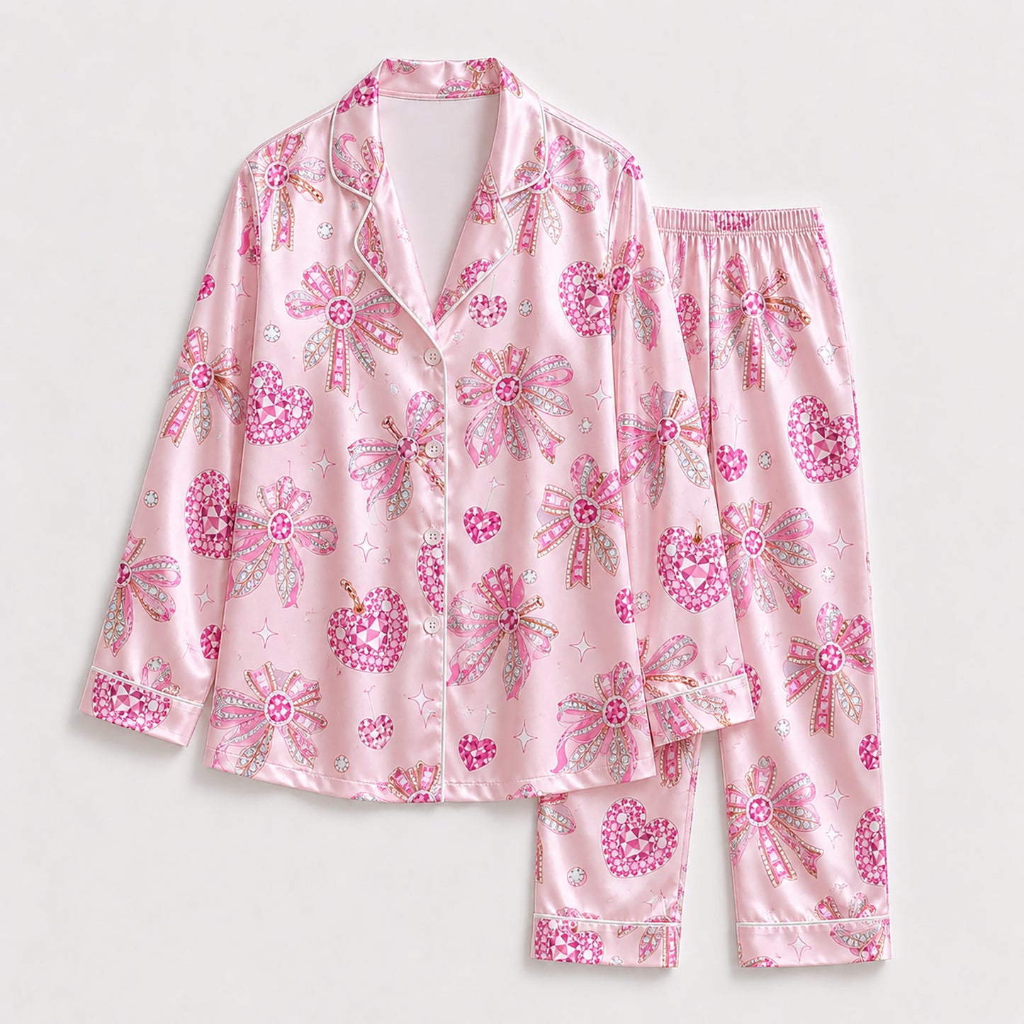 PJ-250-Pink Jeweled Heart Satin Pajama Set, Coquette Ribbon Bow Graphic Loungewear Sleepwear Collection Outfit